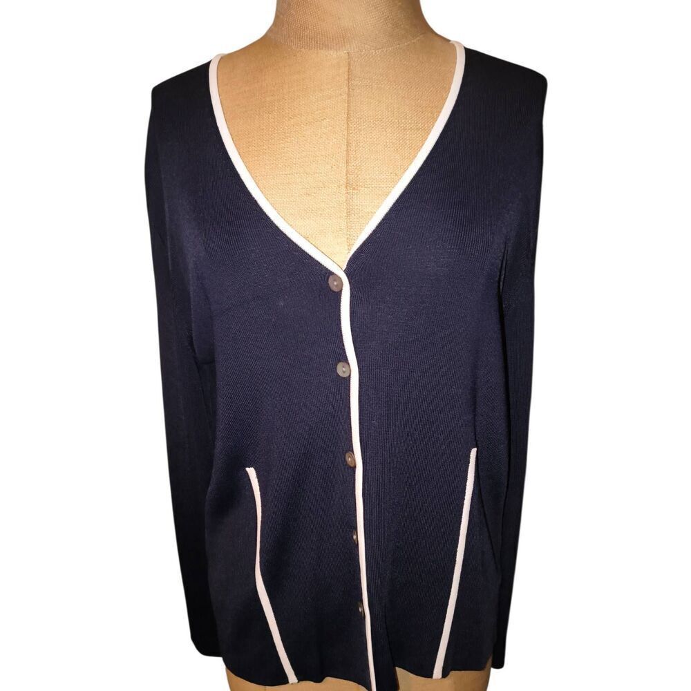Dana Buchman black cardigan V-neckline button-down front white trim rayon nylon